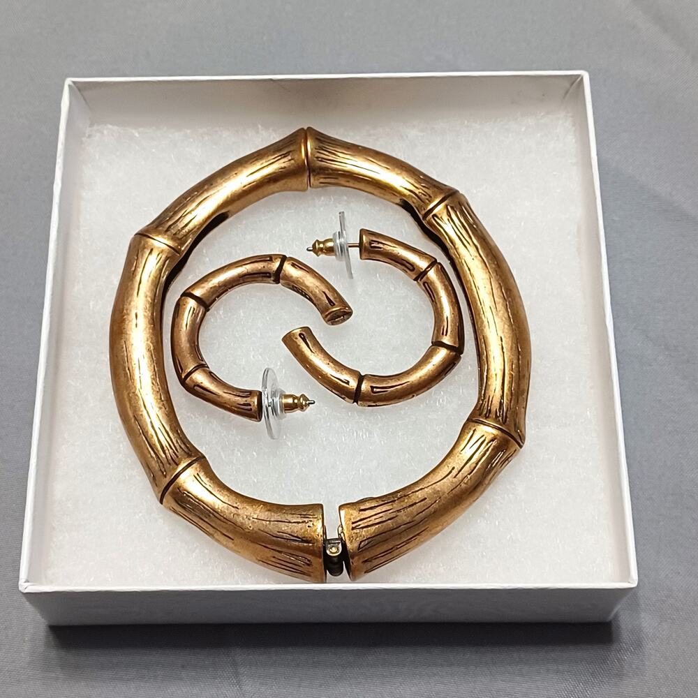Chico's Bamboo-Look Magnetic Bangle Hinged Bracelet and Matching Earrings